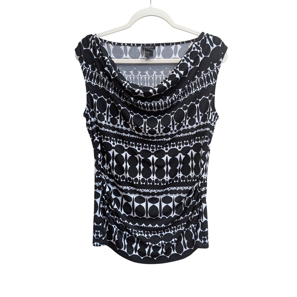 Ann Taylor Women Tank Top M Black White Geometric Cowl Neck Ruched Sides Fitted - Picture 2 of 6